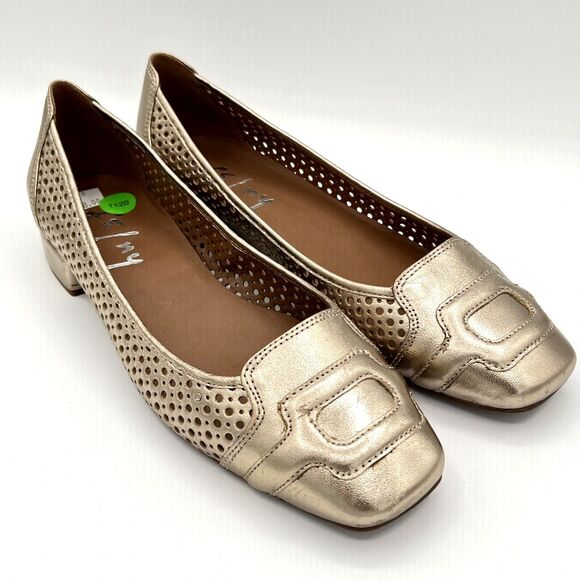 French Soles FSNY Leather Flats Champagne Metallic Laser Cut Square Toe 8-8.5/39 - Picture 2 of 11